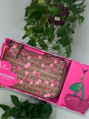 Juicy Couture Brown Monogram Wristlet with Pink Cherry Charm